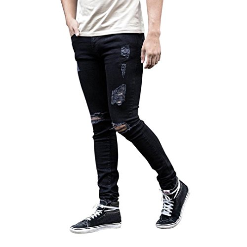 kingfansion Men's Skinny Jeans Stretch Denim Riding Broken Jeans to Destroy Close-Fitting Slim Pants Casual Pants Men's Trousers Regular Thickness (S, Black)