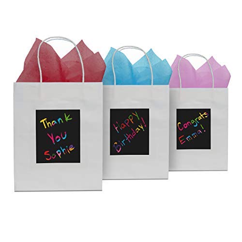 7 White Gift Bags with Scratch Paper Panel for Customization, Tissue Paper Also Included! These Unique Bulk Paper Bags with Handles are great as Small Gift Bags, Party Favor Bags, and Kraft Paper Bags