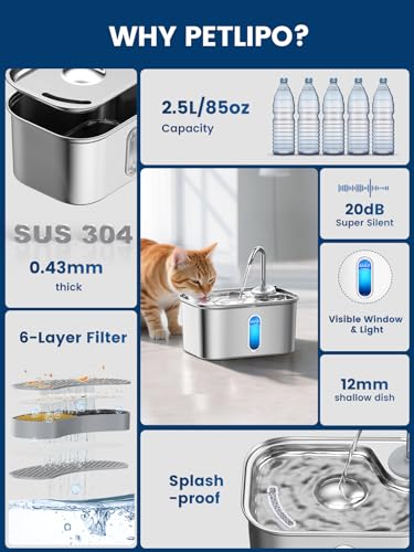 Cat Water Fountain Stainless Steel for Cats Indoor 2.5L 85oz by BPA-Free SUS304, Effective 6-Layer Filter Cat Fountain for Drinking 20dB Ultra Quiet Metal Pet Water Fountain (Fountain+1 Filter)