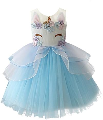 Beading Petal Girl Unicorn Dress for Baby Girls Kids Princess Birthday Party Ball Gowns Wedding Flower Girls Dresses Ball Gowns Size 2T 3T Years Old Age 2 3 Years Summer Ruffle Sleeveless (Blue, 110)