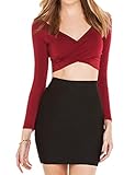 Haola Women's Long Sleeve Crop Tops Deep V Neck Top Tees Short T-shirts
