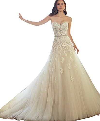 ScelleBridal Sweetheart Strapless A-line Lace Appliques Wedding Dresses for Bride Champagne 14