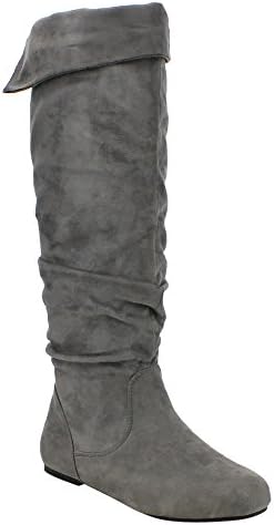 DA VICCINO TOP-01 Women's Slouch Side Zipper Flat Fold Cuff Knee High Boots, Color:GREY, Size:10