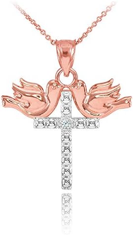 14K Two Tone Rose Gold Pigeon Cross Diamond Pendant Necklace, 18"