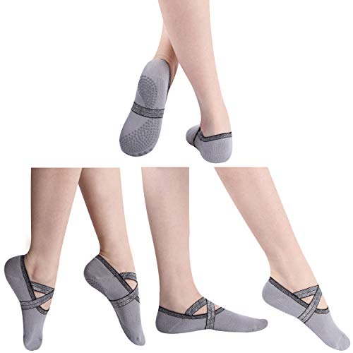 SuMade Calcetines de yoga con correas, Calcetines de ejercicio para el hogar para mujeres, antideslizantes con calcetines de silicona, Calcetines de Pilates con agarres