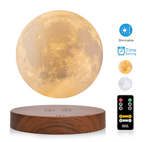 2 Colors Magnetic Levitating Moon Lamp, LOGROTATE Moon Light, 3D Printing Moon Lamp with Remote Control & Wooden Base, 6 in Night Light for Home Decor, Creative Gift for Christmas and New Year, B