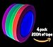 Glow Party UV Blacklight Reactive 200 ft. Total - Great Value - Fluorescent Neon Tape 1/2 in x 50 ft - (4 Pack - Pink, Green, Yellow, Orange - Matte Finish)