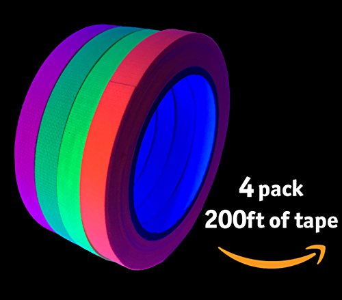 Glow Party UV Blacklight Reactive 200 ft. total - GREAT VALUE - Fluorescent Neon Tape 1/2 in x 50 ft - (4 Pack - Pink, Green, Yellow, Orange - Matte Finish)