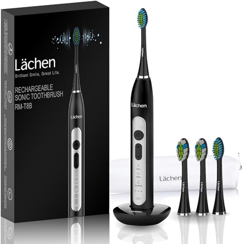 Lächen Sonic elektrische Zahnbürste Schallzahnbürste mit 4 Aufsteckbürsten und Timer, 3 Modi & 3 Vibrationsstärken mit Reisetasche (B-Schwarz)