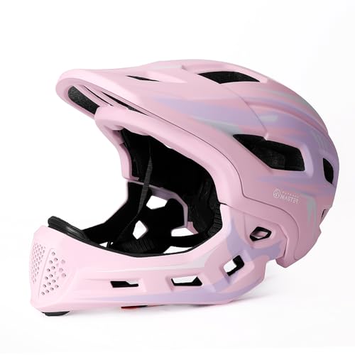 OutdoorMaster Kids Full Face Helmet - Adjustable Toddler Bike Helmet with Detachable Chin Pad - Suitable for Mountain & Road Cycling - Pink, S