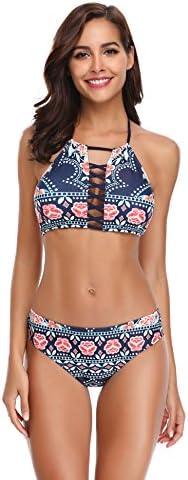 LALAVAVA Women Sexy Bikini Set Halter Lace up Floral Bandage Two Pieces Swimsuit