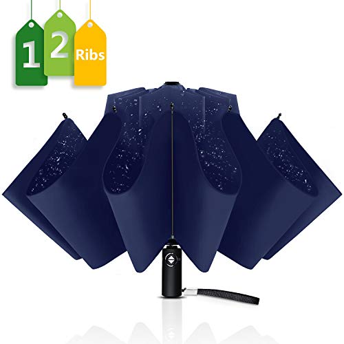 Wsky 12 Ribs Inverted Umbrella Windproof Automatic Folding Umbrella Teflon Coating Canopy Reverse Umbrella Portable Travel Umbrella Blue