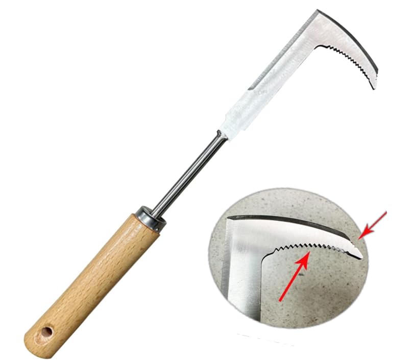 HiChuAng Stainless Steel Crack Weeder Tool Ergonomic Wood Handle Patio Weed Remover Manual Weeding Tool L-Shaped for Removing Weeds by Root from Pavement Brick Joints Driveways Walkways Narrow Gaps
