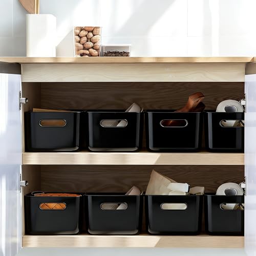LYLIDIA Pack of 10 Storage Boxes Plastic 30 cm Black Storage Basket Large Basket Storage Baskets Plastic Box Organiser Box for Bathroom Kitchen Cabinet Shelf Organiser Boxes