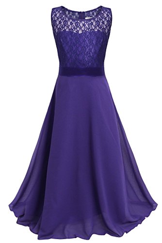 YiZYiF Girls Kids Floral Lace Maxi Long Pageant Wedding Formal Chiffon Dress Purple 14