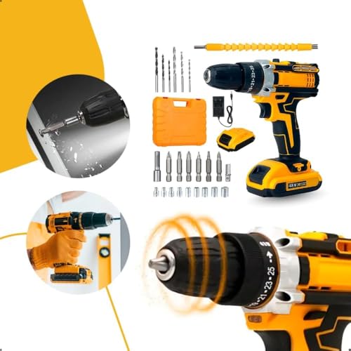 Furadeira e Parafusadeira de Impacto Sem Fio 48V Com LED, 2 Baterias Recarregáveis, Kit 32 Acessórios + Maleta Completa Premium – Alta Potência para Uso Profissional e Doméstico