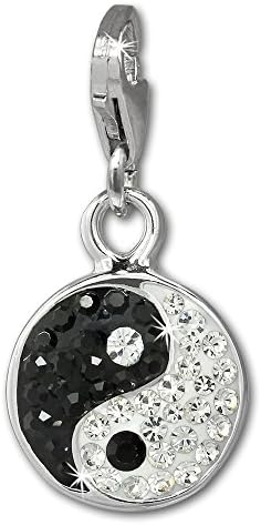 SilberDream Glitter Charm yin yang with black and white Czech Preciosa crystals 925 Sterling Silver Charms Pendant for Charms Bracelet, Necklace or Earring GSC586S