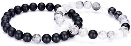 Couples His and Hers Bracelet Black Matte Agate & White Howlite 8mm Beads By Long Way 7.5"&7.8"