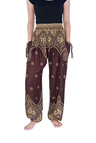 Lannaclothesdesign Women s Peacock Flower Harem Pants S M L XL XXL Size Trousers (XL, Brown Peacock Flower)