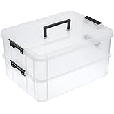 BTSKY 2 Layer Stack & Carry Box, Plastic Multipurpose Portable Storage Container Box Handled Organizer Storage Box for Organizing Stationery, Sewing, Art Craft, Jewelry and Beauty Supplies Black