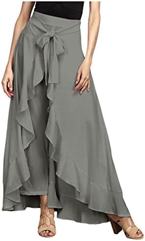 Pekepantsa Trousers Womens Elegant Pantalon Mujer Chiffon Tie-Waist Ruffle Long Pants Charcoal Grey L
