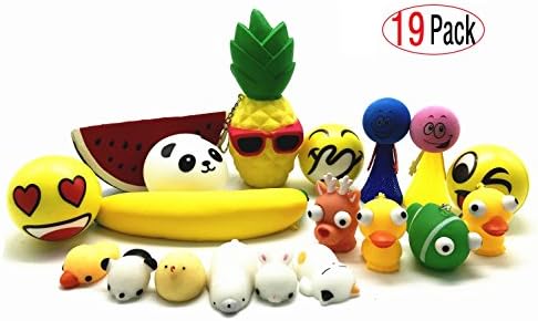 EDsports Hand Squeeze Toys Bundle(19 Pack)-4 Soft Slow Rising Fruit Squishies,3 Smile Face Puffer Squeeze Balls,2 Mesh jumper,4 Raised Eyes Animal Keychain,6 Cute Squishy Cats -Stress Relax Toys Set