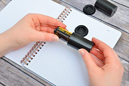 Masacana - 25 Pack Black Plastic Film Canisters with Caps, 35mm Empty Camera Reel Containers, Storage Containers for Small Items, Coins, Art Beads, Comes with Brush and 26 Blank Labels