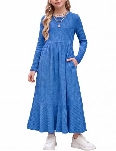 Arshiner Girls Sweater Dress Long Sleeve Knit Pullover Maxi Pockets Dresses Sky Blue Tween 8-9 Y at Amazon