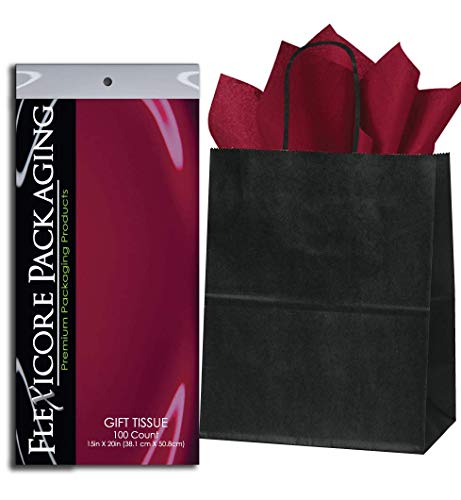 Flexicore Packaging® 50ct Black Kraft Paper Gift Bags + 100ct Gift Tissue Paper (Burgundy)