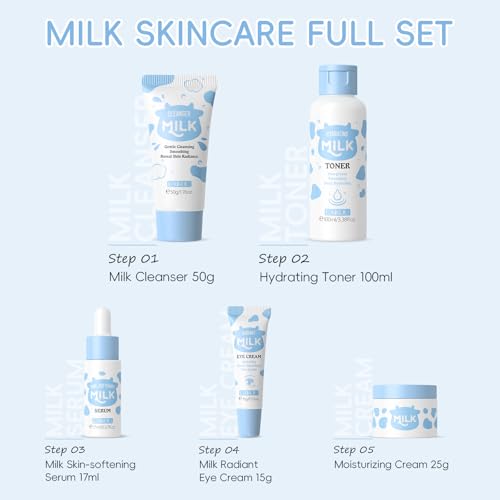LAIKOU Milk Beauty Gift Sets for Teenage Girls with Cleanser, Cream, Toner, Eye Cream, Serum, Facial Kits for Women Wife Mom, Deep Hydrating Smoothing 5pcs