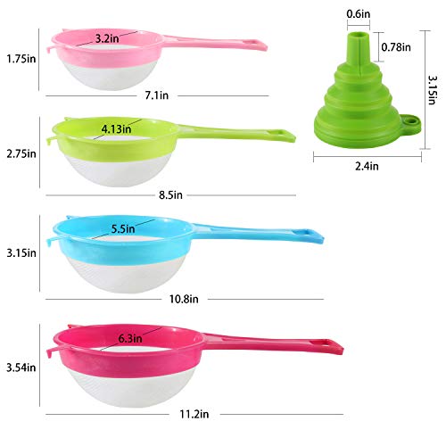 Fine Mesh Strainer Colander, Benbo 4Pcs Plastic Food Soy Milk Flour Sieve Long Handle Icing Sugar Sifters Strainer Tea Filter and Silicone Foldable Funnel for Kitchen