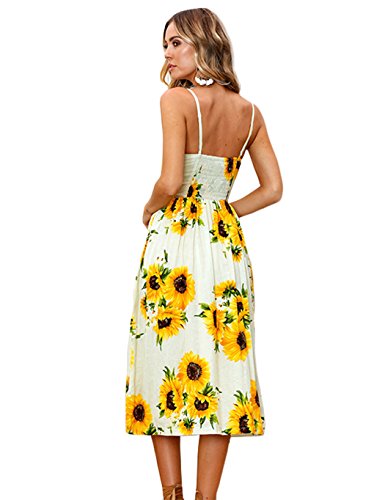 Poptem Womens Midi Dress V-Neck Floral Spaghetti Strap Summer Beach Sundresses