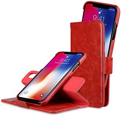Melkco PU Leather Flip Front Folio Wallet Book Case Kick Stand Card Slot Holster Case Magnetic Closure Handmade Case for Apple iPhone X - Alphard Wallet Type (Red CH PU)