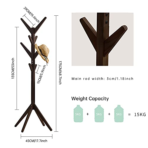 Coat Rack,Robust and Stable Coat Hanger Stand with 8 Hooks and 4-Legged Base, Wooden Hanger Rack Used in Indoor Places Such as Bedrooms(Pine Wood, Coffee)