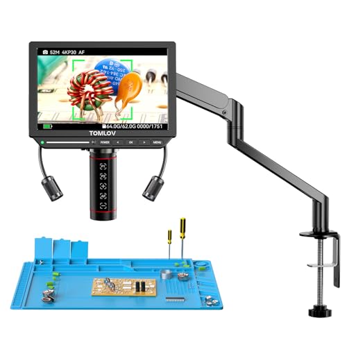 TOMLOV TM4K-AF Flex 4K HDMI Autofocus Digital Microscope 8" IPS Screen with Flexible Arm, Professional 2000X Magnifier for Parts and Soldering, Soldering Mat, Side Lights, 64GB Card