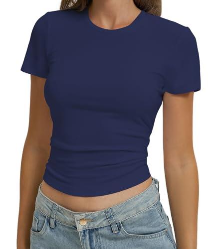 OYIGELZ Damen Basic T-Shirt Kurzarm Crop Top Y2K Slim Fit Tops Casual Tee Shirts Streetwear, M