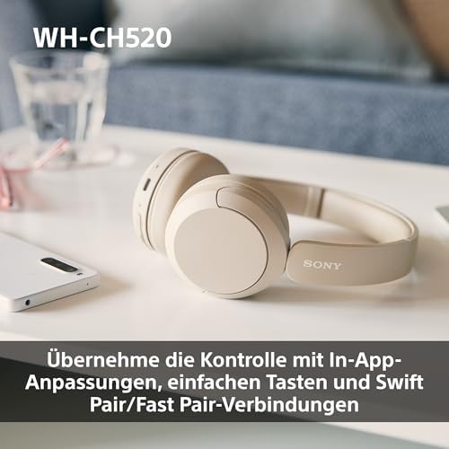 WH-CH520 Kabelloser Bluetooth On-Ear-Kopfhörer, hohe Klangqualität, leichtes Design, bis zu 50 Stunden Akkulaufzeit, Schnellladung, EQ, klare Gesprächsqualität, iOS & Android - Beige