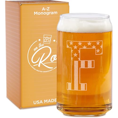 Monogram Beer Glasses for Men (A-Z) 16 oz - Beer Gifts for Men Brother Son Dad Neighbor - Unique Gifts for Him - Personalized Drinking Gift Beer Glass Mugs - Engraved Beer Can Glass (F)
