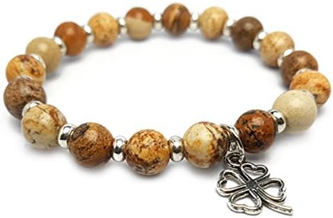 APECTO 8 mm Natural Multicolor Stone Beads Charm Elastic Bracelet, Silver Tone Four Leaf Clover