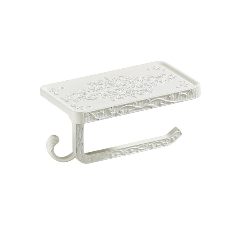 Antique Brass Toilet Paper Holder with Shelf, Aluminum Wall Mount Toilet Tissue Holder with Cell Phone Storage and Hook,Bathroom Toilet Paper Holder Modern Style & Rustproof(White)