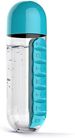 Pill Poppers Daily Pill Box Organizer with Tritan Water Bottle, Weekly Supplement and Vitamin Reminder (20 oz) (Blue)