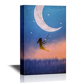 Canvas Wall Art - Girl on The Swing Against a Moon - Gallery Wrap Modern Home Art | Ready to Hang - 12x18 inches
