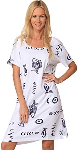 Women's Summer Long Shift Cotton Dress Beach Cover up Comfortable Tee Dress (White, Large)
