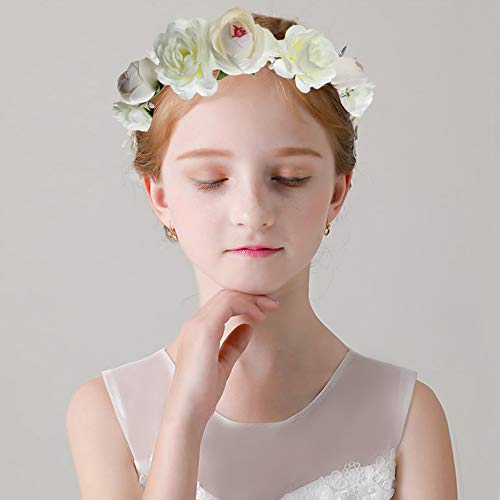 Flower Crown Headband Rose Wreath Garland Hair Bands Floral Wedding Bridal Hair Hoop Women Girls Leaf Ribbon Party Decoration Headdress Headwear Christmas Handmade Headpiece Hair Accessories White