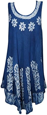 Mogul Interior Womens Cover up Tank Dress Batik Print Embroidered Sleeveless Loose Swing Sundress