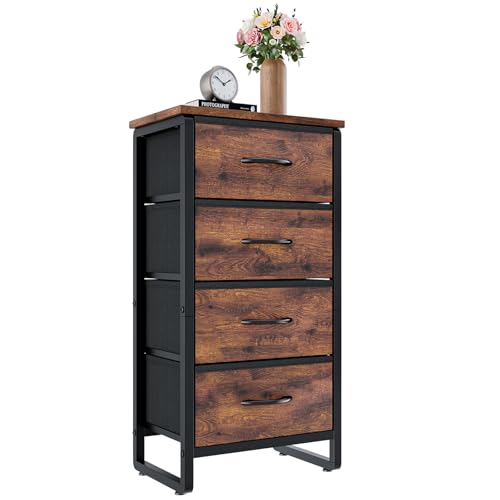 Cómoda Cajonera para Recámara con 4 Cajones de Tela, Parte Superior Impermeable, Estructura Metálica Resistente, Mueble Organizador de Almacenamiento para Dormitorio, Sala o Pasillo(Marrón Rústico)