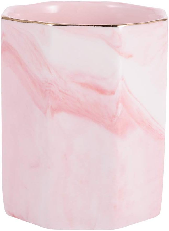 Yumi V Marble Pattern Makeup Brush Holder Pen Pot, Octagon Makeup Brush Pot Pencil Holder Cosmetic Eyebrow Pen Storage Pencil Pots for Classroom Bathroom Dressing Table Organizer Accessories (Pink)