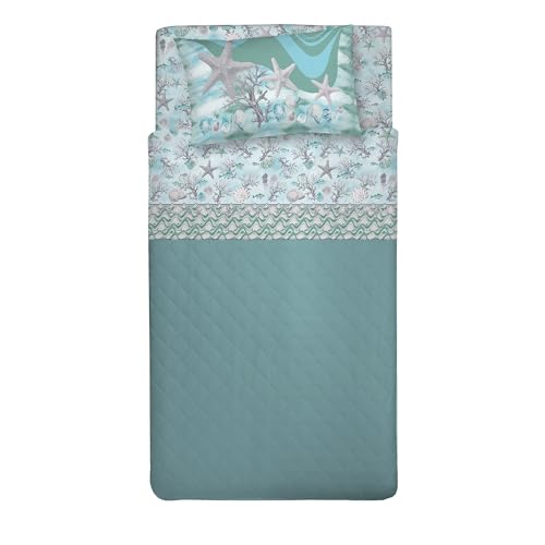 PENSIERI DELICATI Completo Letto Singolo 100% Cotone, Completo Lenzuola Singolo 90x200 Comprensivo di Lenzuolo sotto, Lenzuolo sopra e 1 Federa a Sacchetto, Made in Italy, Fantasia Marina Verde