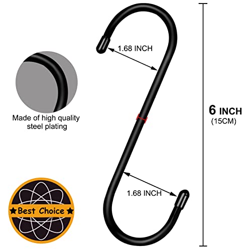 10 Pack 6 Inch Black Large S Hanging Hooks for Hanging Clothes Heavy Duty Thicker S Shaped Hooks