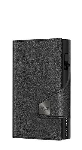Tru Virtu® Click & Slide Coin & Credit Card Holder - RFID/NFC Protection - Slim Wallet Made of Real Italian Leather (Nappa Black/Black)